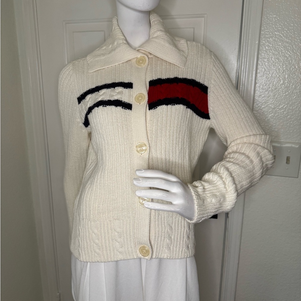 Tommy Hilfiger 90's White Blue and Red Classic Cable Knit Cardigan Size Large